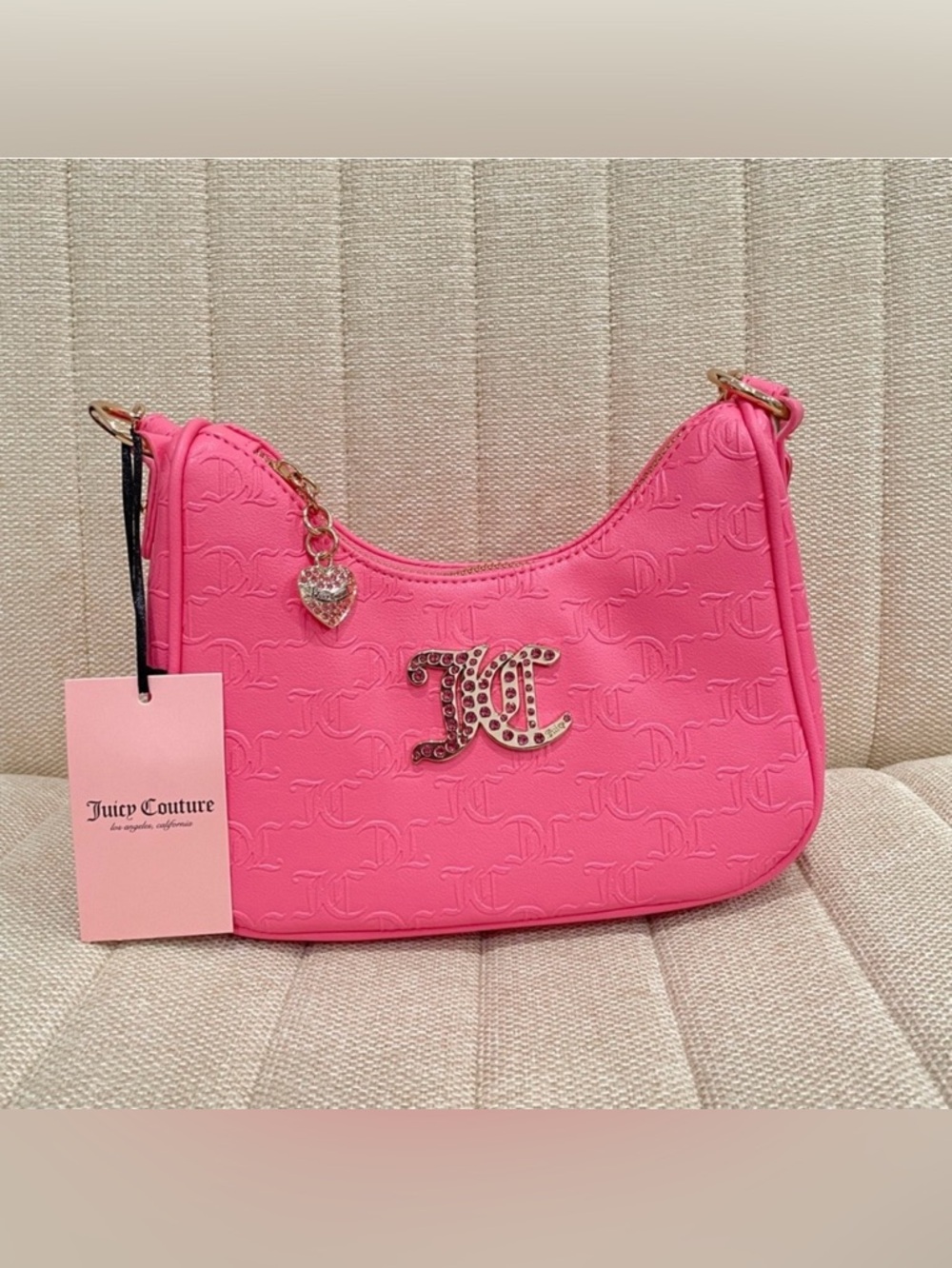 NEW Juicy Couture Pink Embossed Monogram Crossbody Bag with Rhinestone JC Logo